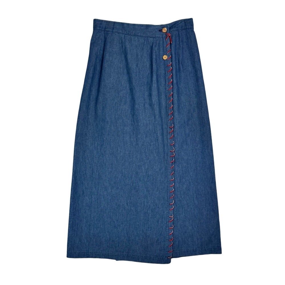 Vintage Chambray Denim Maxi Skirt Wrap Size 12 Nautical Suede Western Aintreee